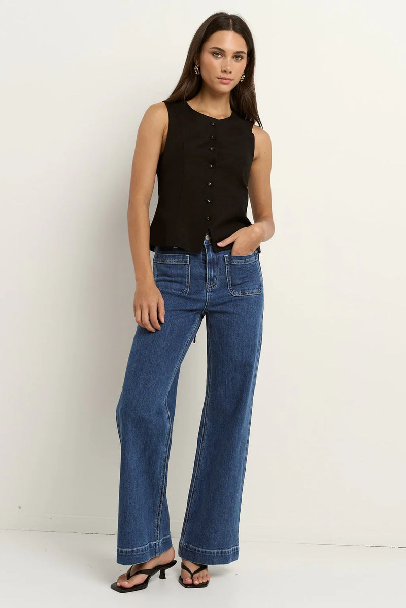 Infusion Black Linen Viscose Sleeveless Vest