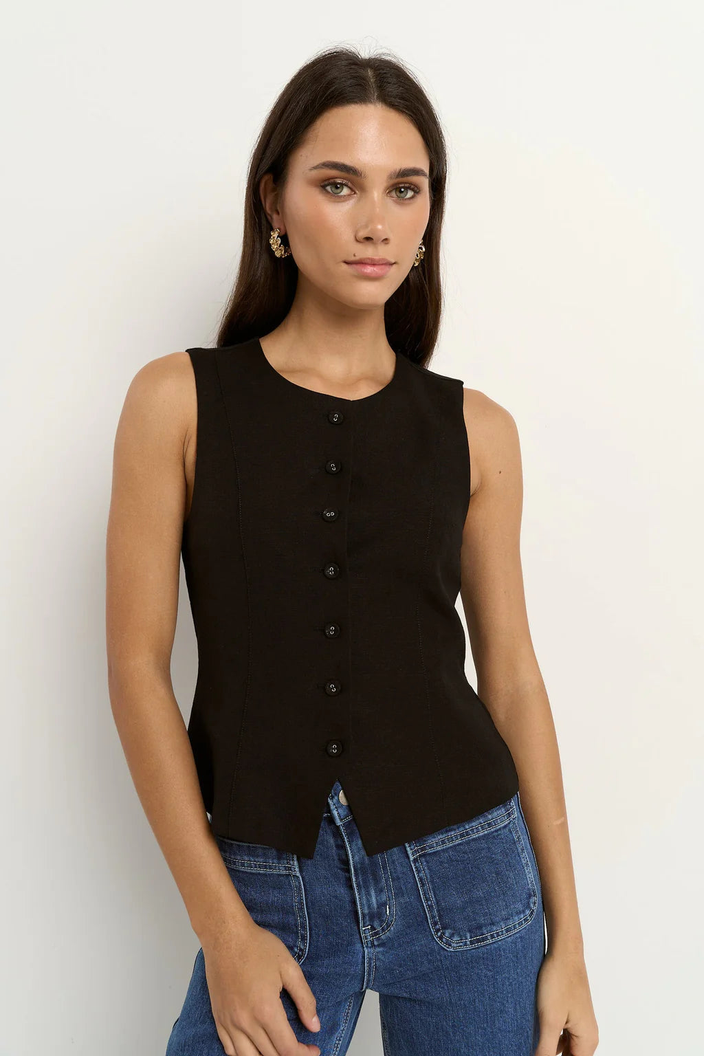 Infusion Black Linen Viscose Sleeveless Vest