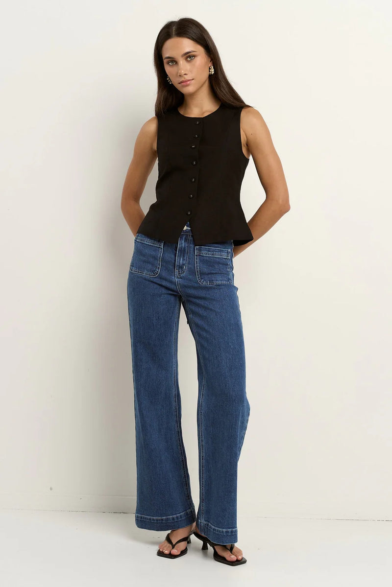 Infusion Black Linen Viscose Sleeveless Vest