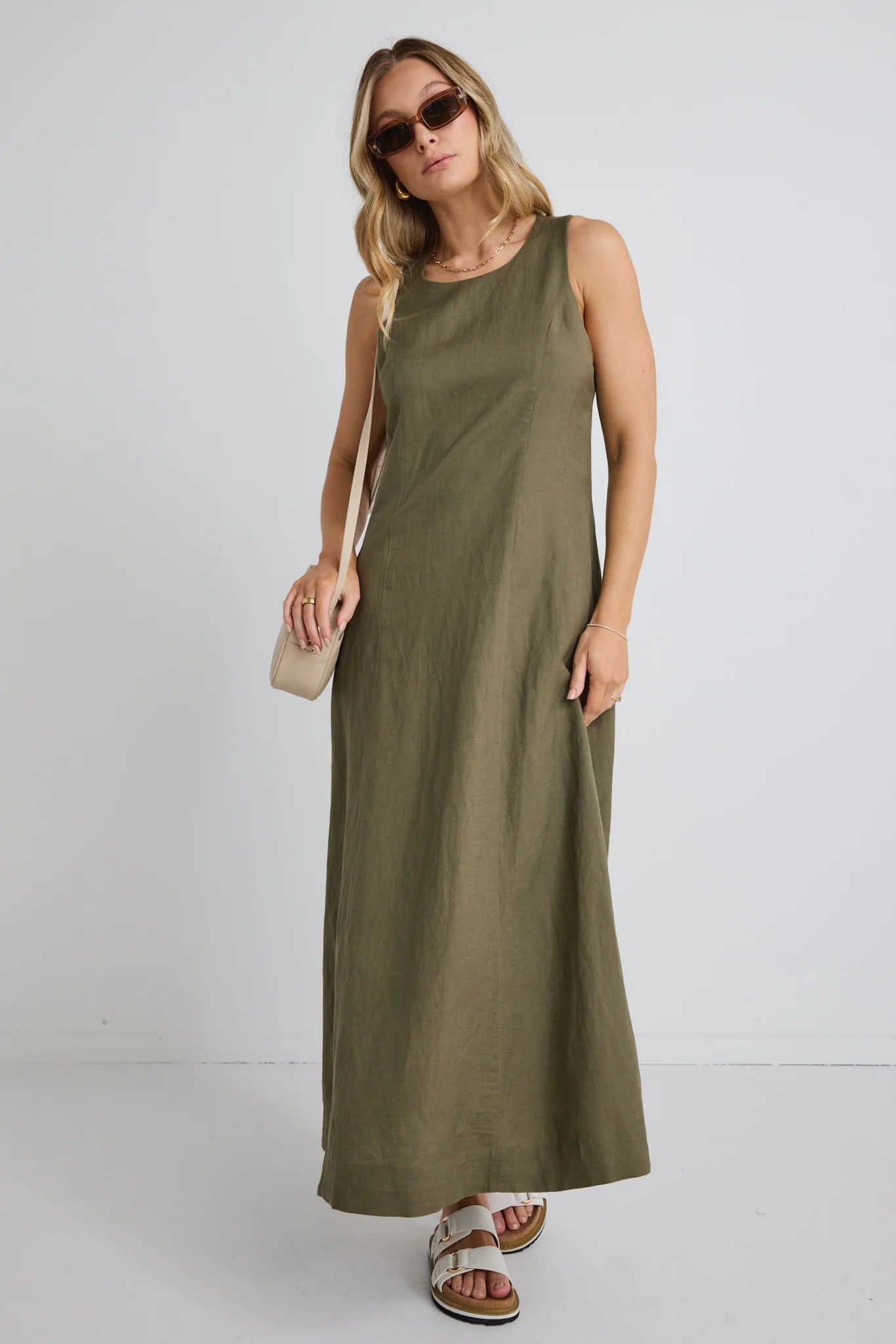 Easygoing Khaki Linen Blend Sleeveless Crew Neck Midi Dress