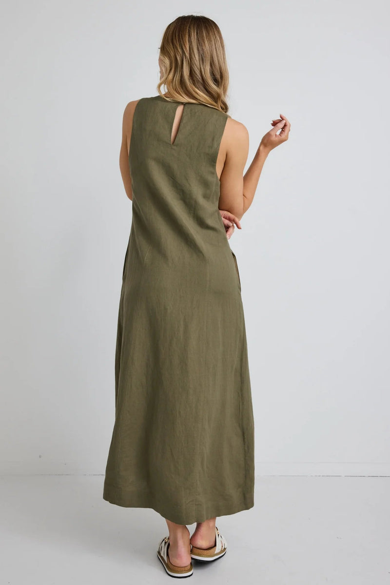 Easygoing Khaki Linen Blend Sleeveless Crew Neck Midi Dress