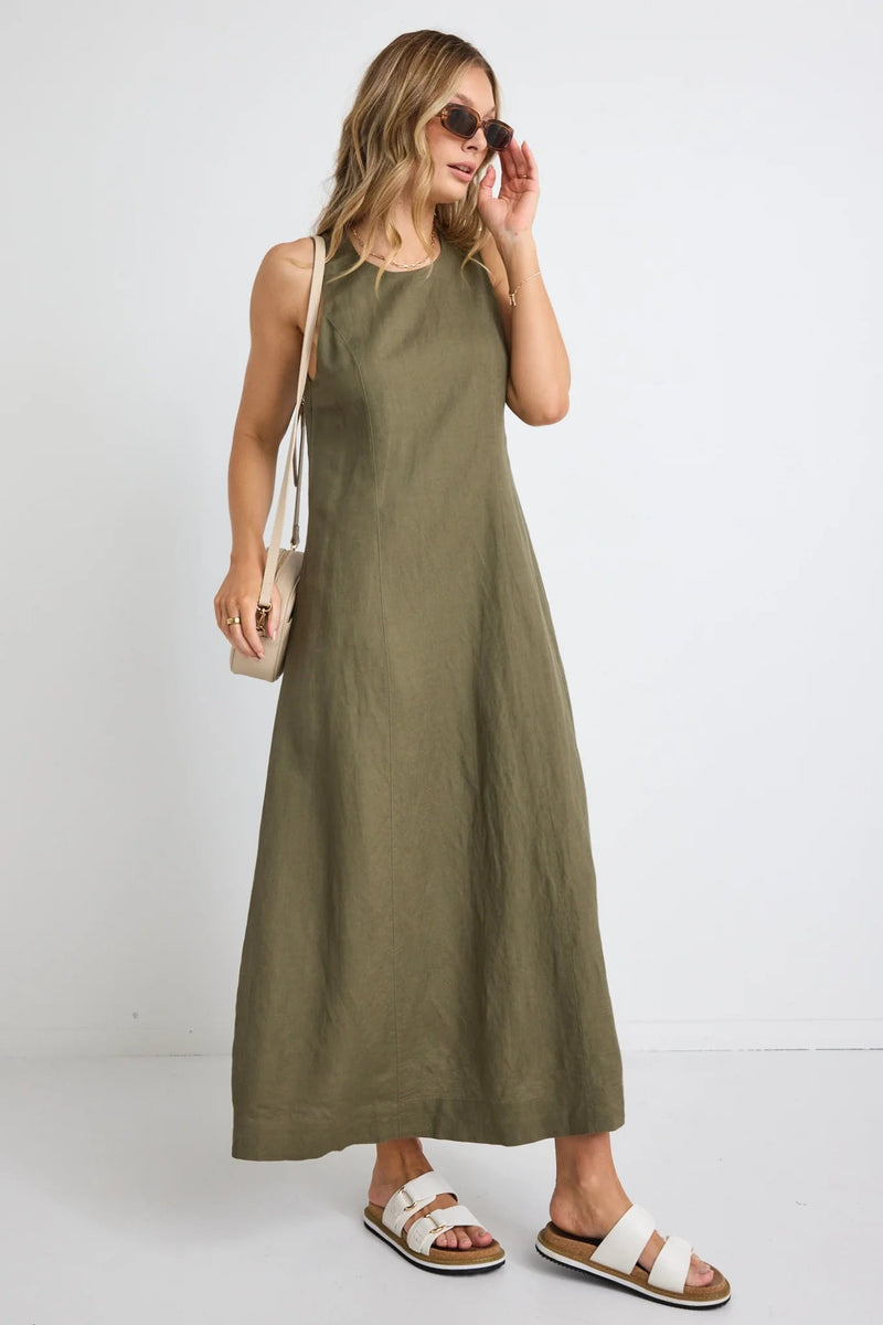 Easygoing Khaki Linen Blend Sleeveless Crew Neck Midi Dress