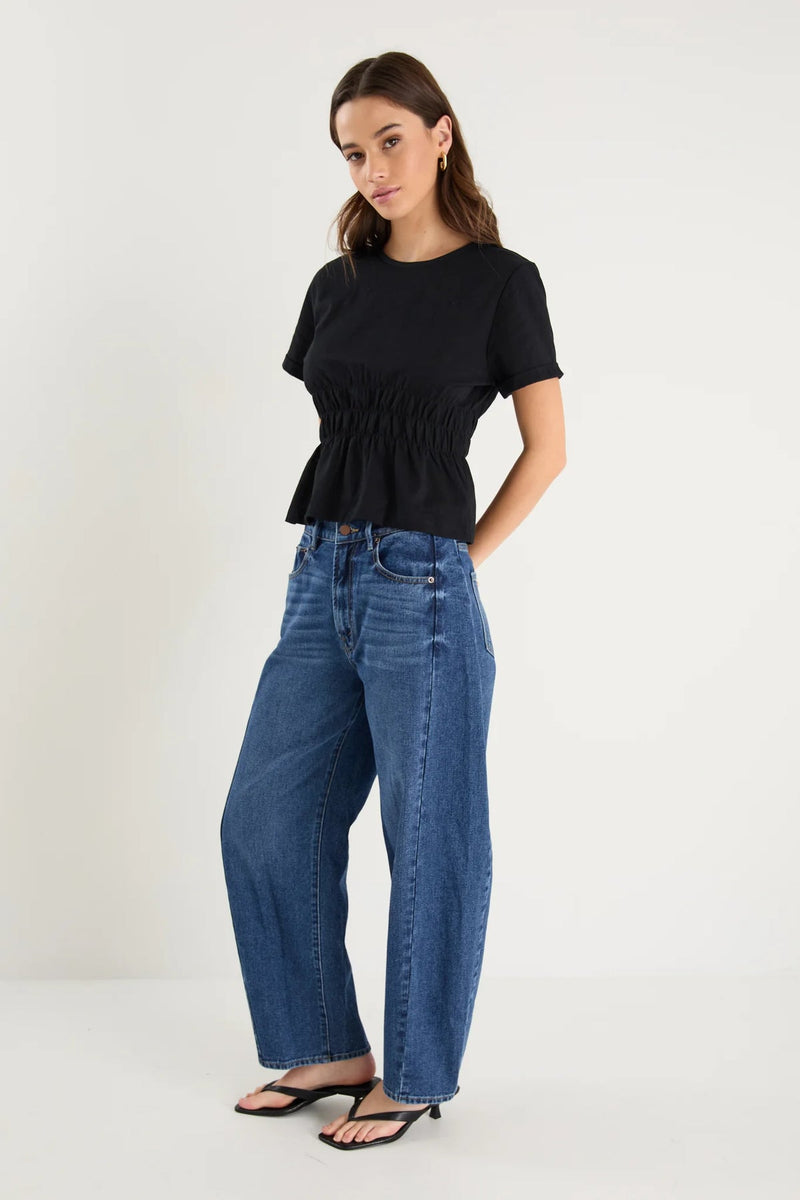 Svelte Black Shirred Detail SS Tee