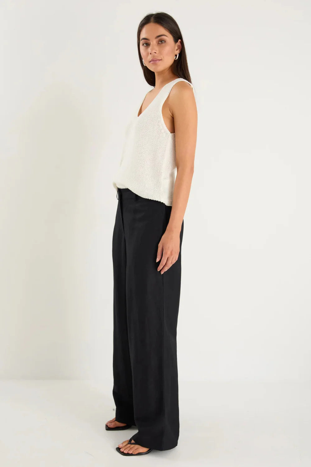 Shelter Black Linen Viscose Flat Front Wide Pants
