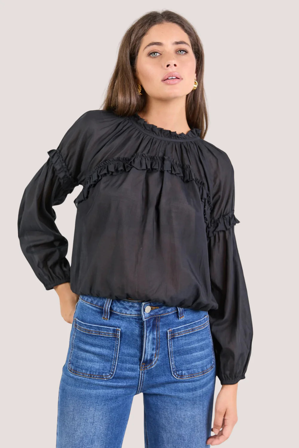 Manifest Voile Frill Detail Long Sleeve Top Black
