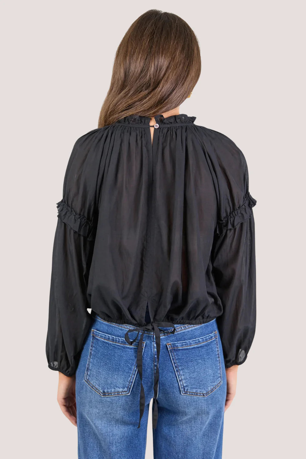 Manifest Voile Frill Detail Long Sleeve Top Black
