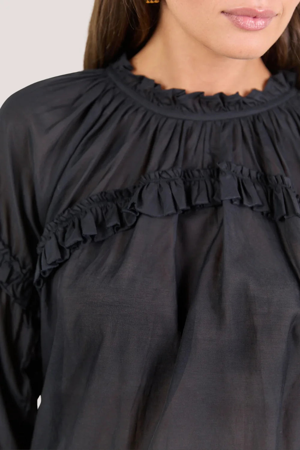 Manifest Voile Frill Detail Long Sleeve Top Black