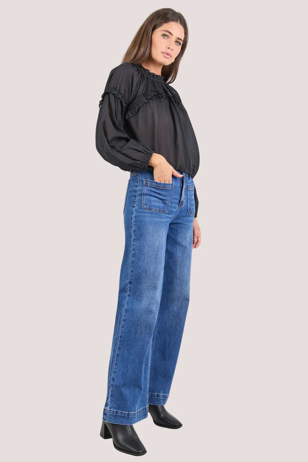 Manifest Voile Frill Detail Long Sleeve Top Black