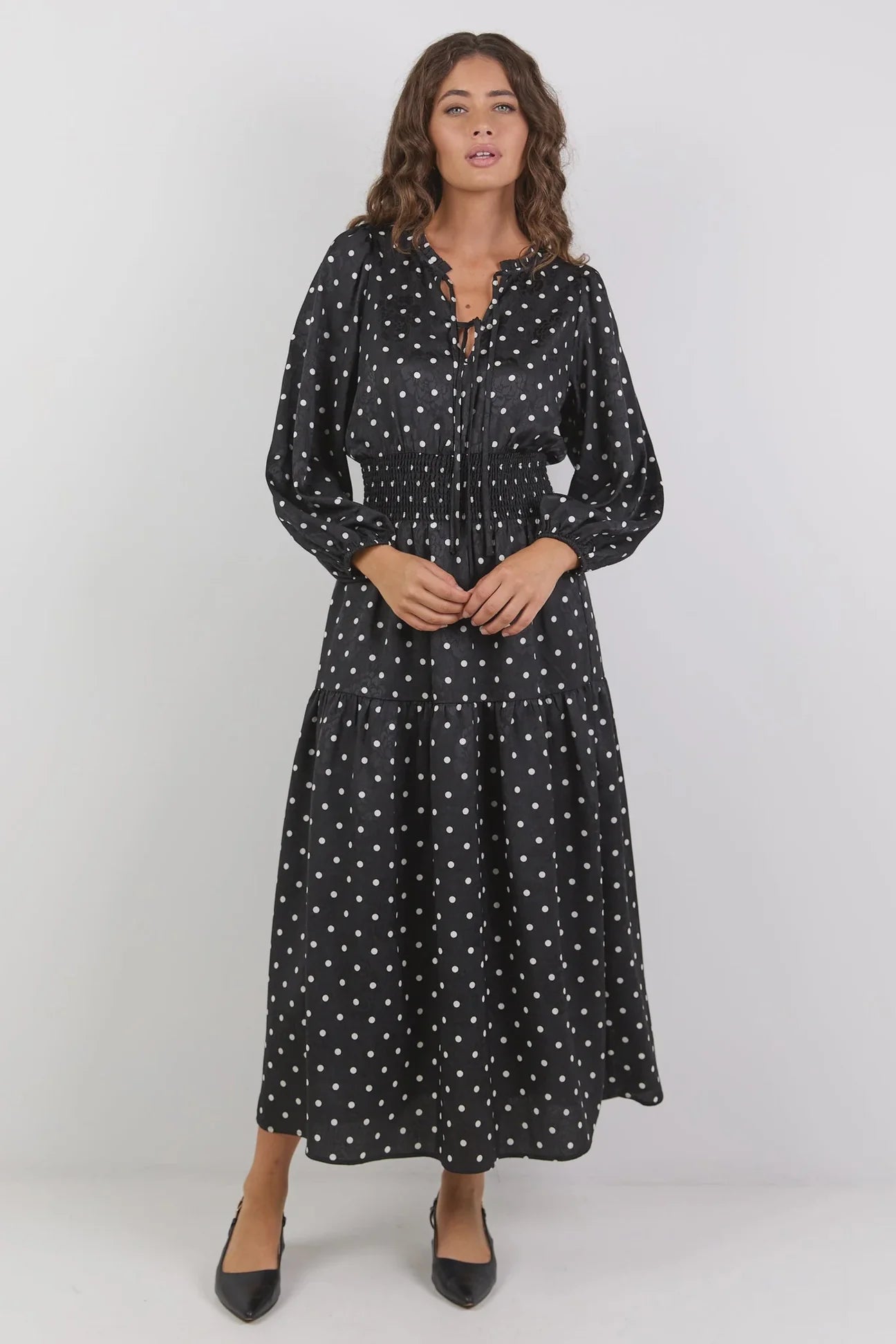 Nuance Mini Polka Dot Long Sleeve V Neck Shired Waist Tiered Midi Black