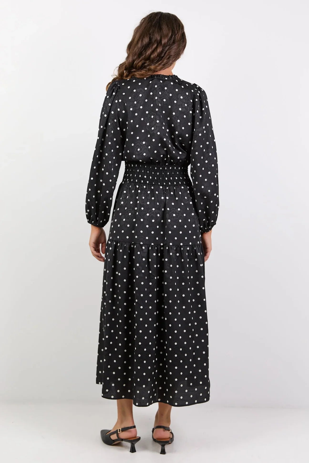 Nuance Mini Polka Dot Long Sleeve V Neck Shired Waist Tiered Midi Black