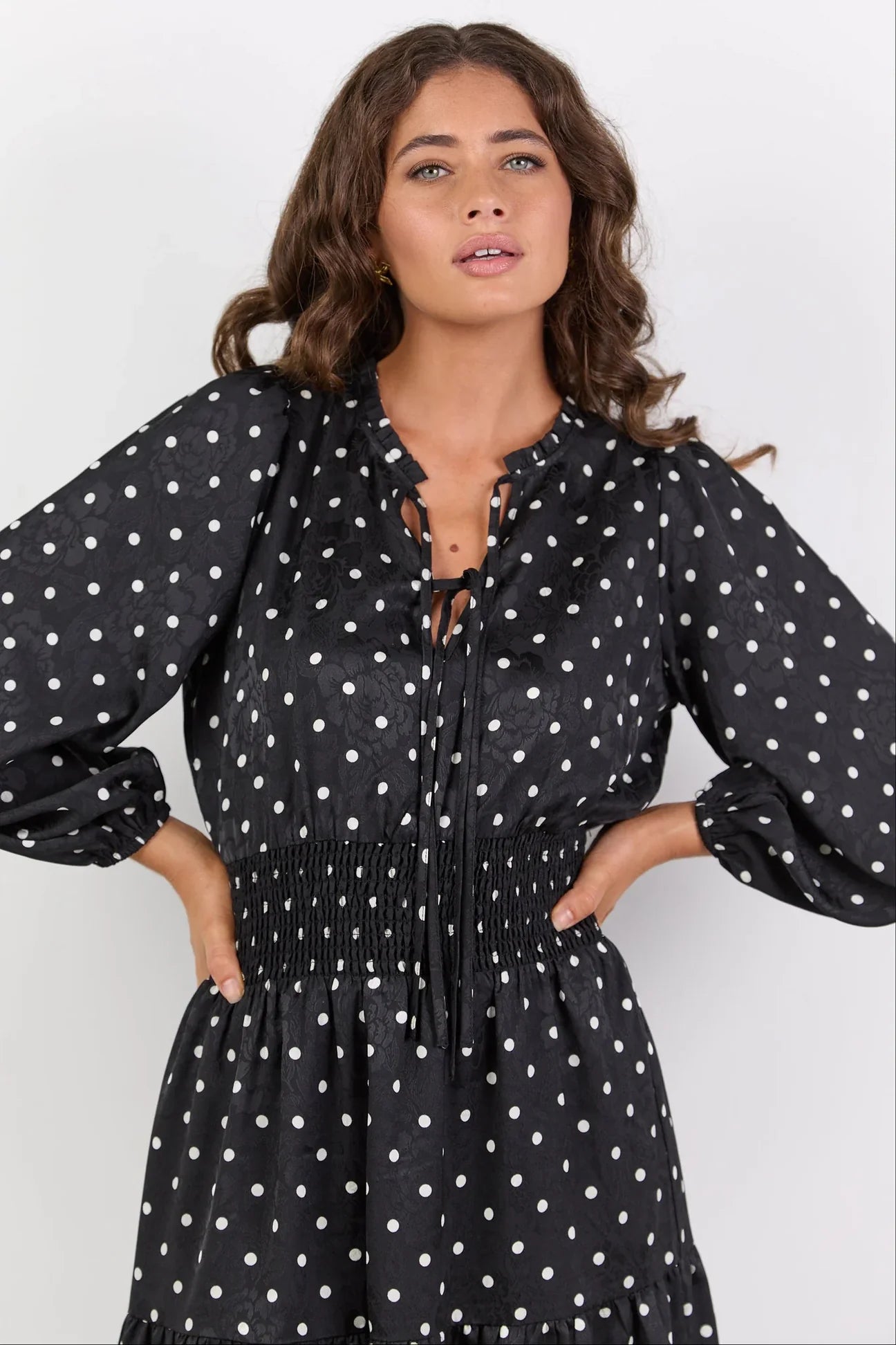 Nuance Mini Polka Dot Long Sleeve V Neck Shired Waist Tiered Midi Black
