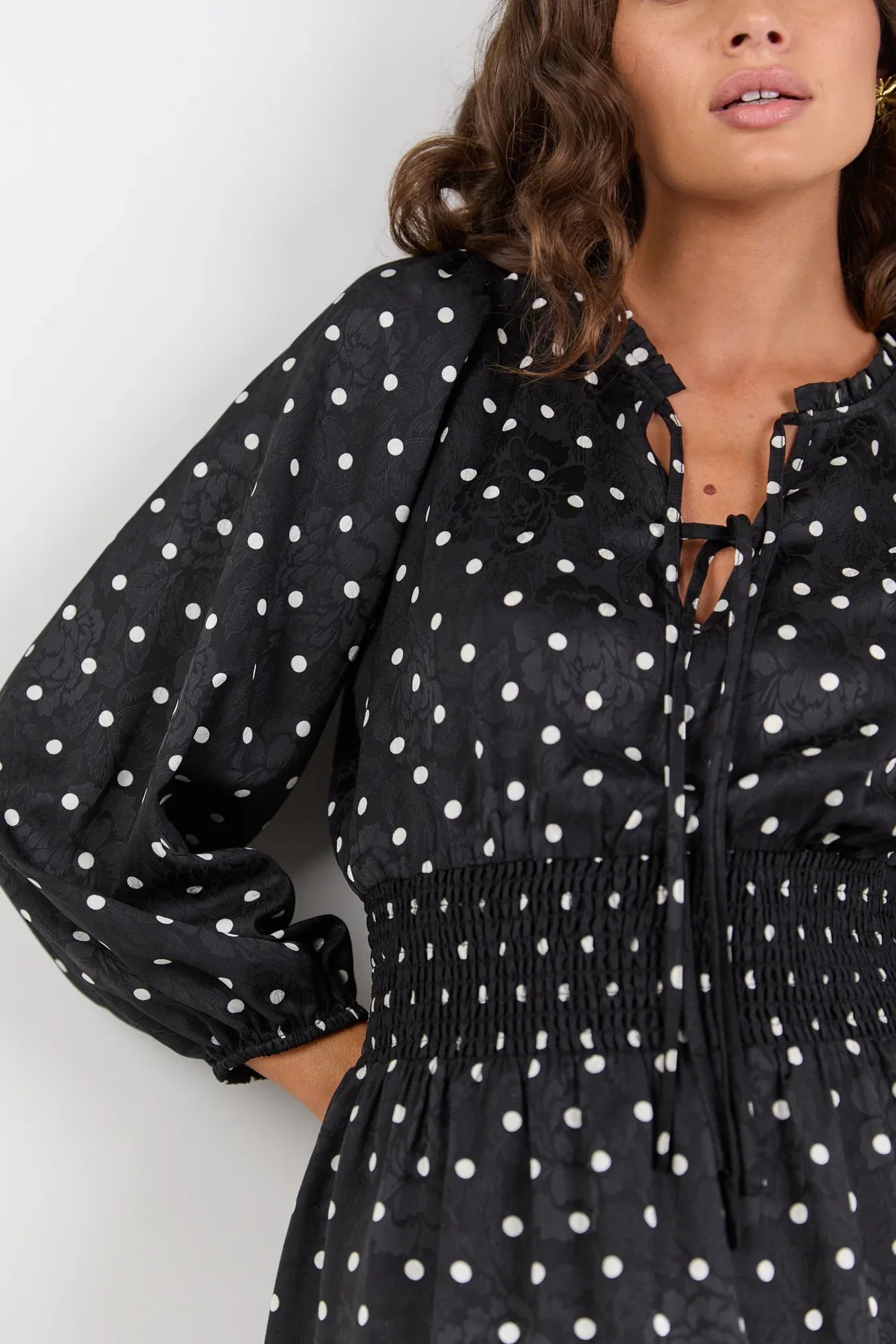 Nuance Mini Polka Dot Long Sleeve V Neck Shired Waist Tiered Midi Black