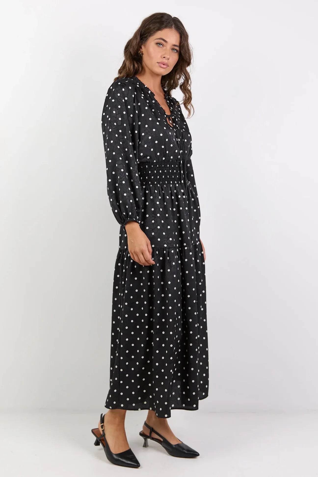 Nuance Mini Polka Dot Long Sleeve V Neck Shired Waist Tiered Midi Black