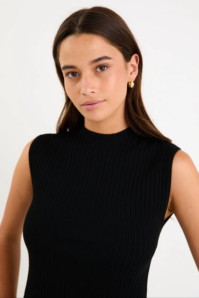 Heroic Sleeveless Funnel Neck Rib Knit Top Black