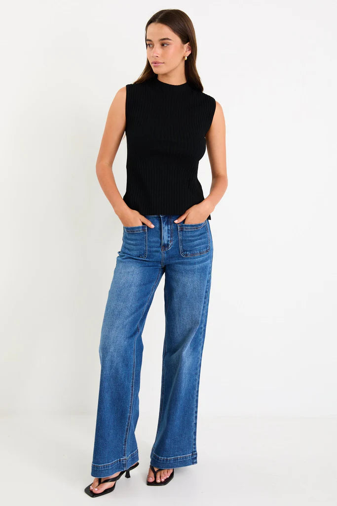 Heroic Sleeveless Funnel Neck Rib Knit Top Black
