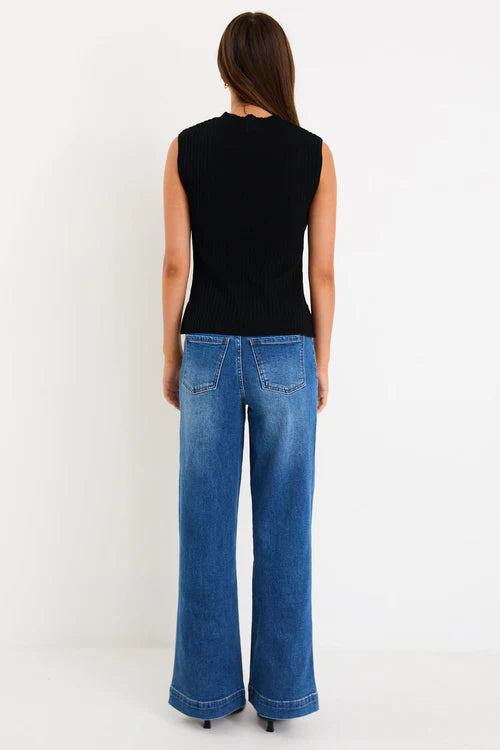 Heroic Sleeveless Funnel Neck Rib Knit Top Black