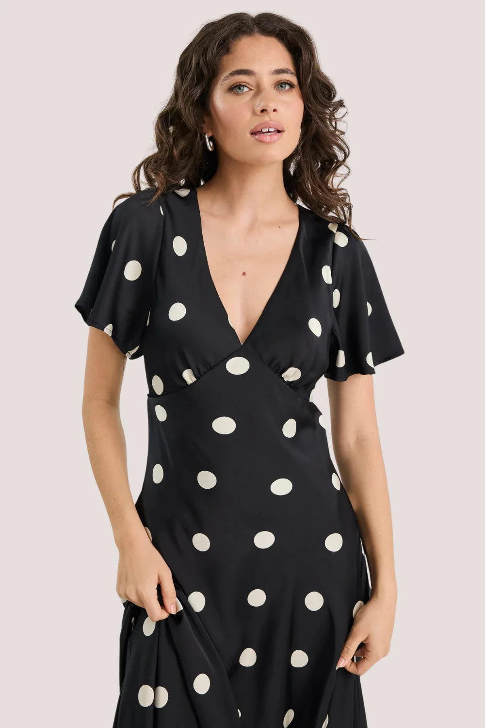 Chariot Polka Dot Bias Flutter Sleeve Maxi Black