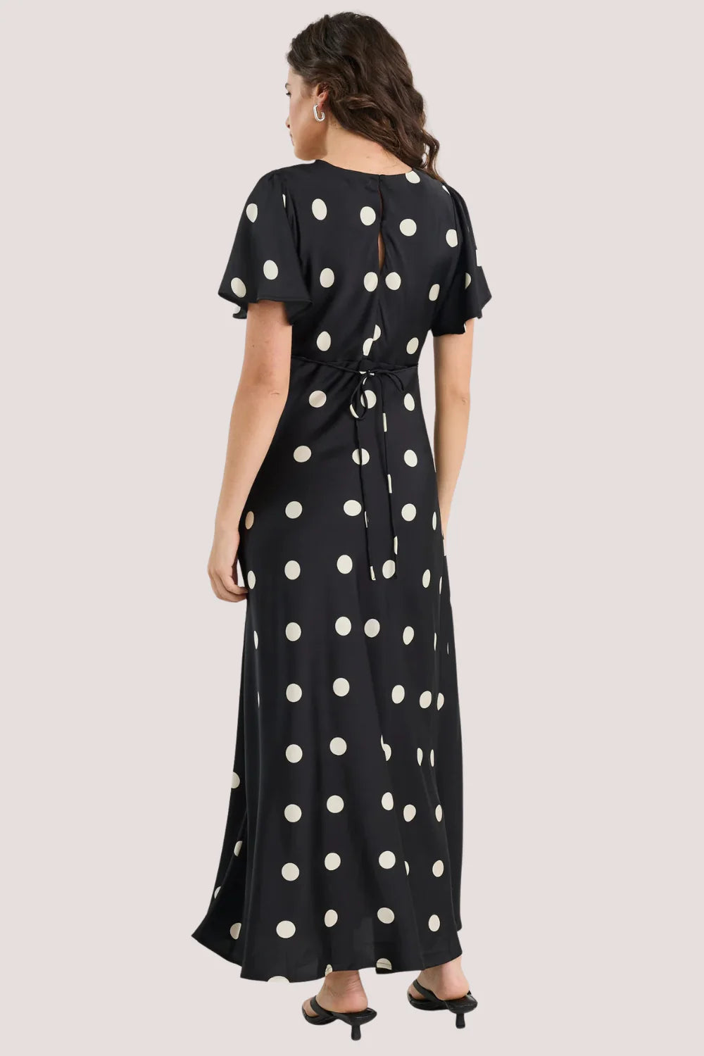 Chariot Polka Dot Bias Flutter Sleeve Maxi Black