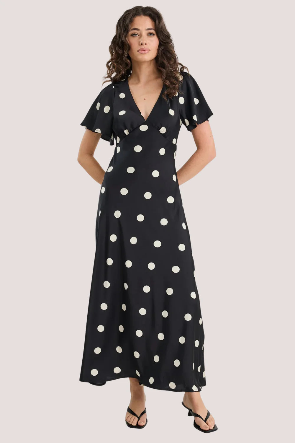 Chariot Polka Dot Bias Flutter Sleeve Maxi Black