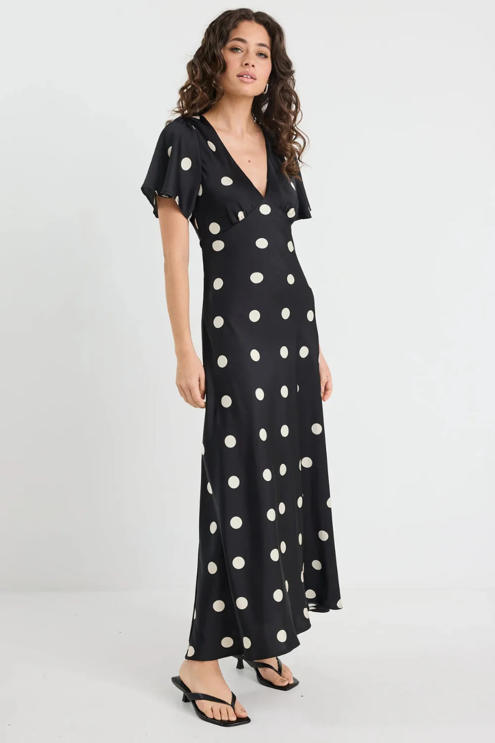 Chariot Polka Dot Bias Flutter Sleeve Maxi Black