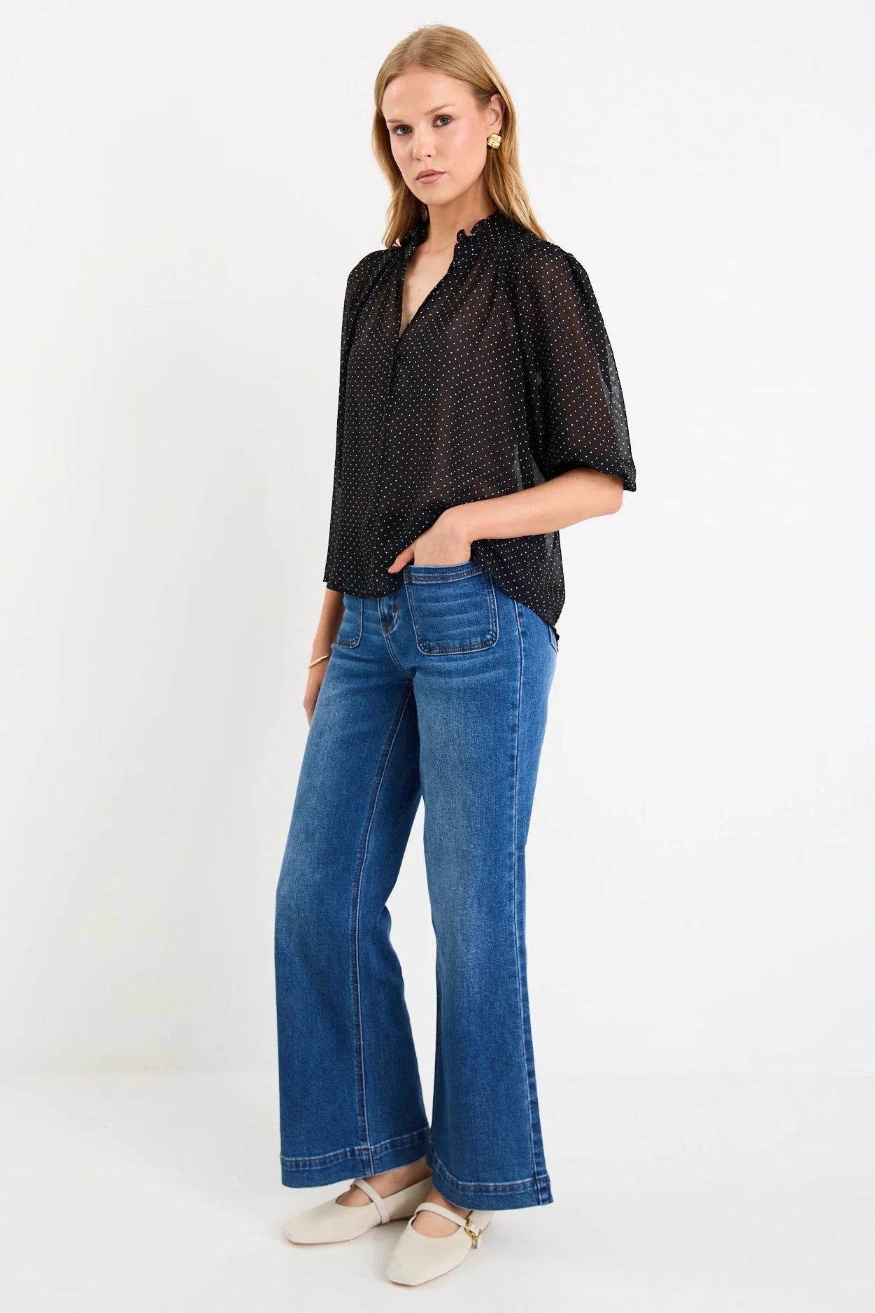 Closure Mini Polka Dot High Neck Buttoned Short Sleeve Black