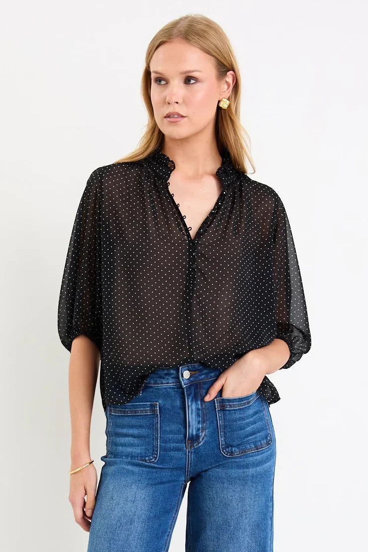 Closure Mini Polka Dot High Neck Buttoned Short Sleeve Black