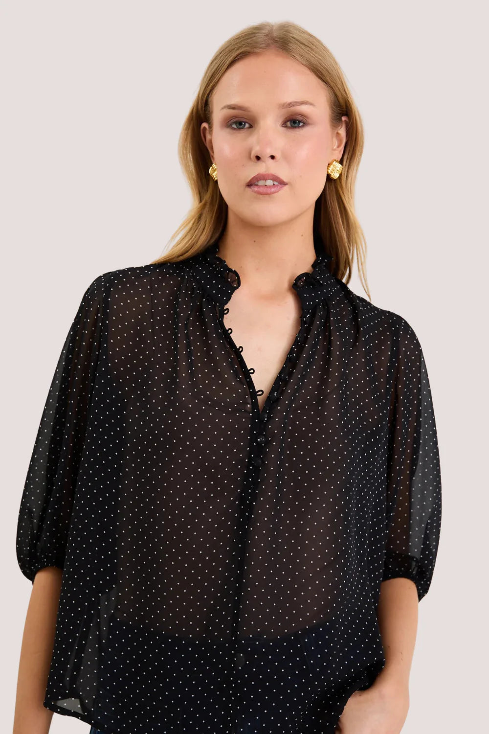 Closure Mini Polka Dot High Neck Buttoned Short Sleeve Black