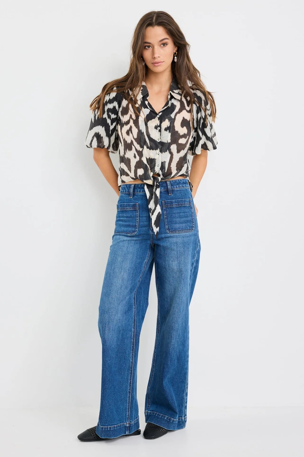 Exemption Black Zebra Tie Front Short Sleeve Shirt