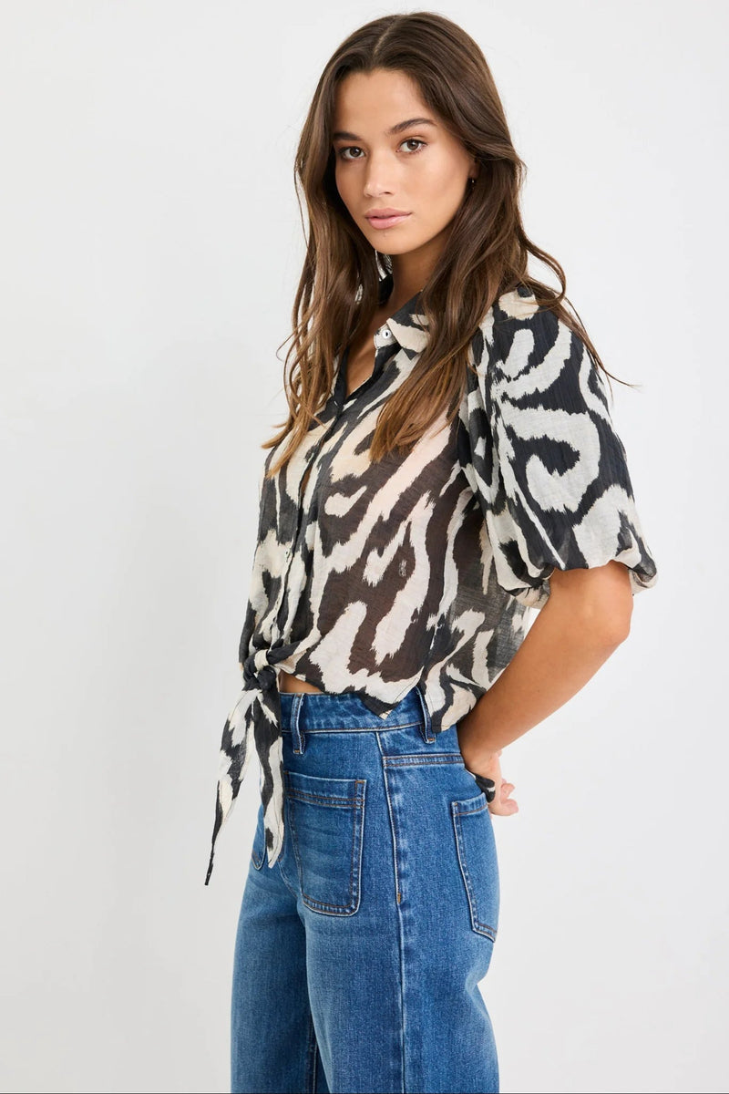Exemption Black Zebra Tie Front Short Sleeve Shirt