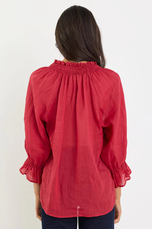 Odyssey Red Shirred Neck Button Mid Sleeve Top