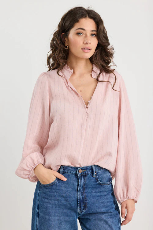Premise Blush Stripe High Neck Buttoned Long Sleeve Top