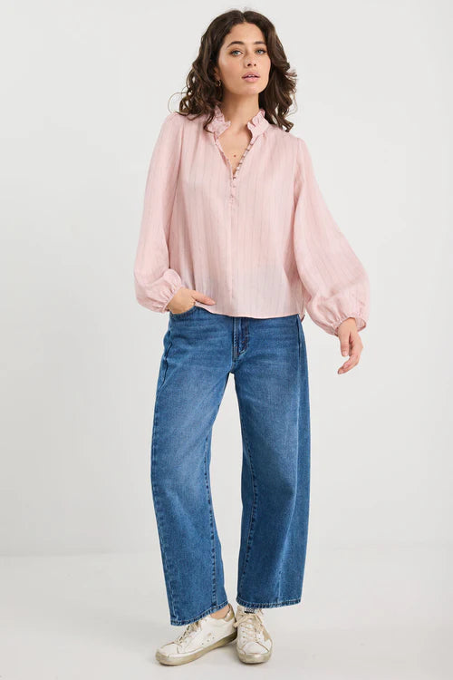 Premise Blush Stripe High Neck Buttoned Long Sleeve Top