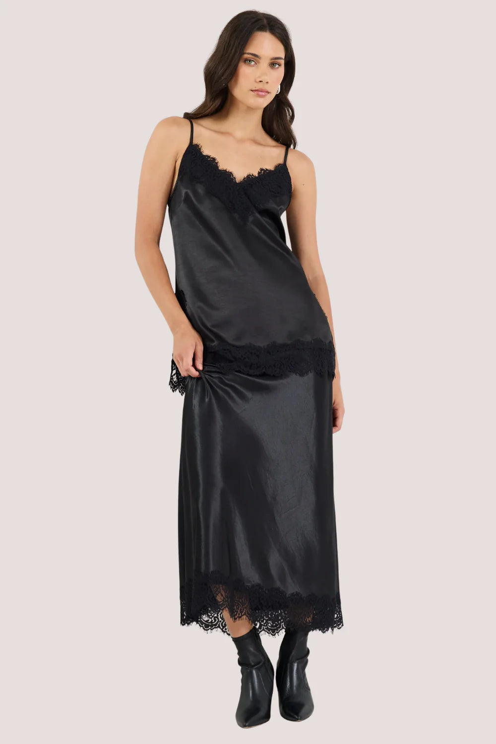 Margarita Black Satin Lace Trim Bias Maxi Skirt