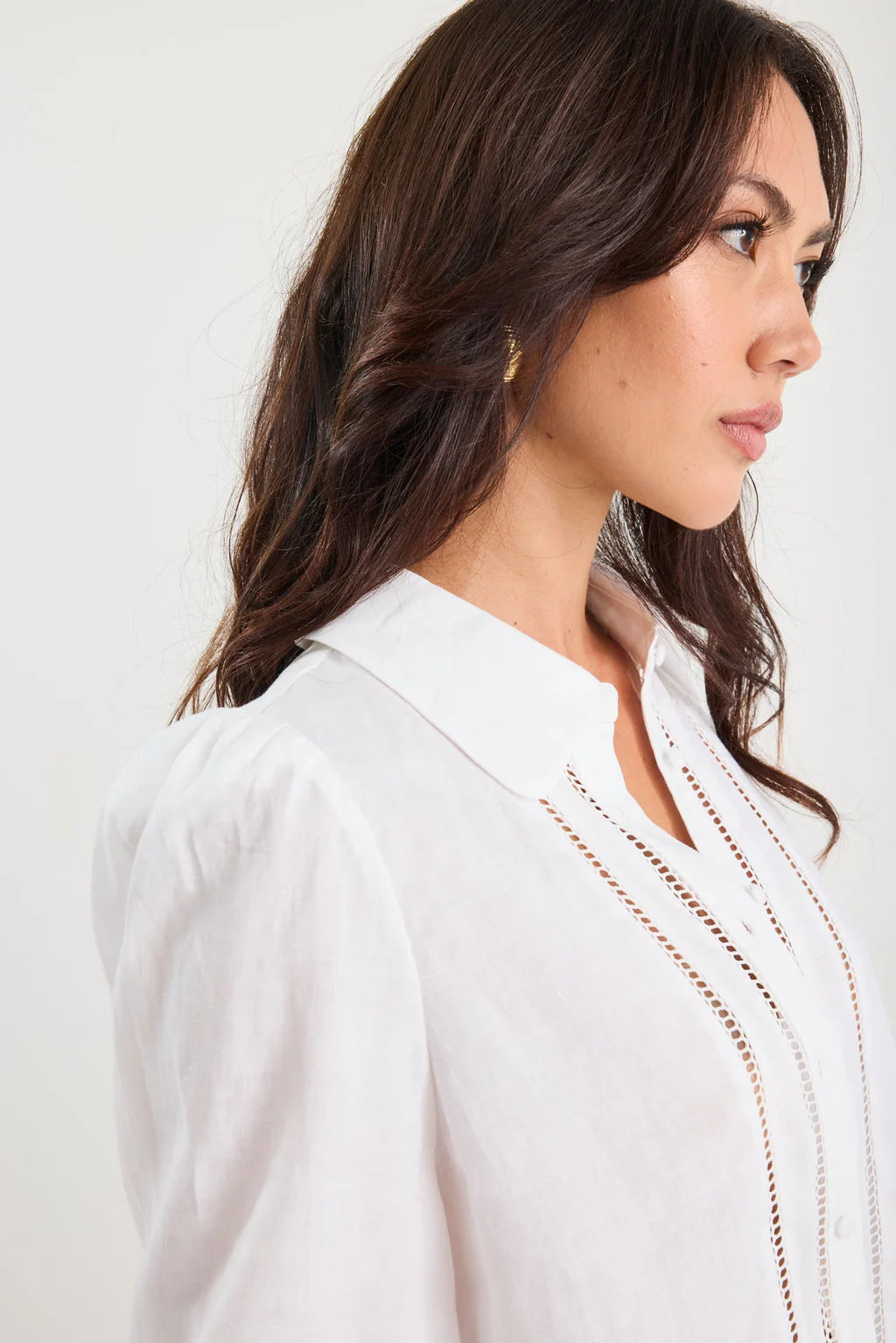 Zinnia White Ramie Lace Trim Long Sleeve Shirt