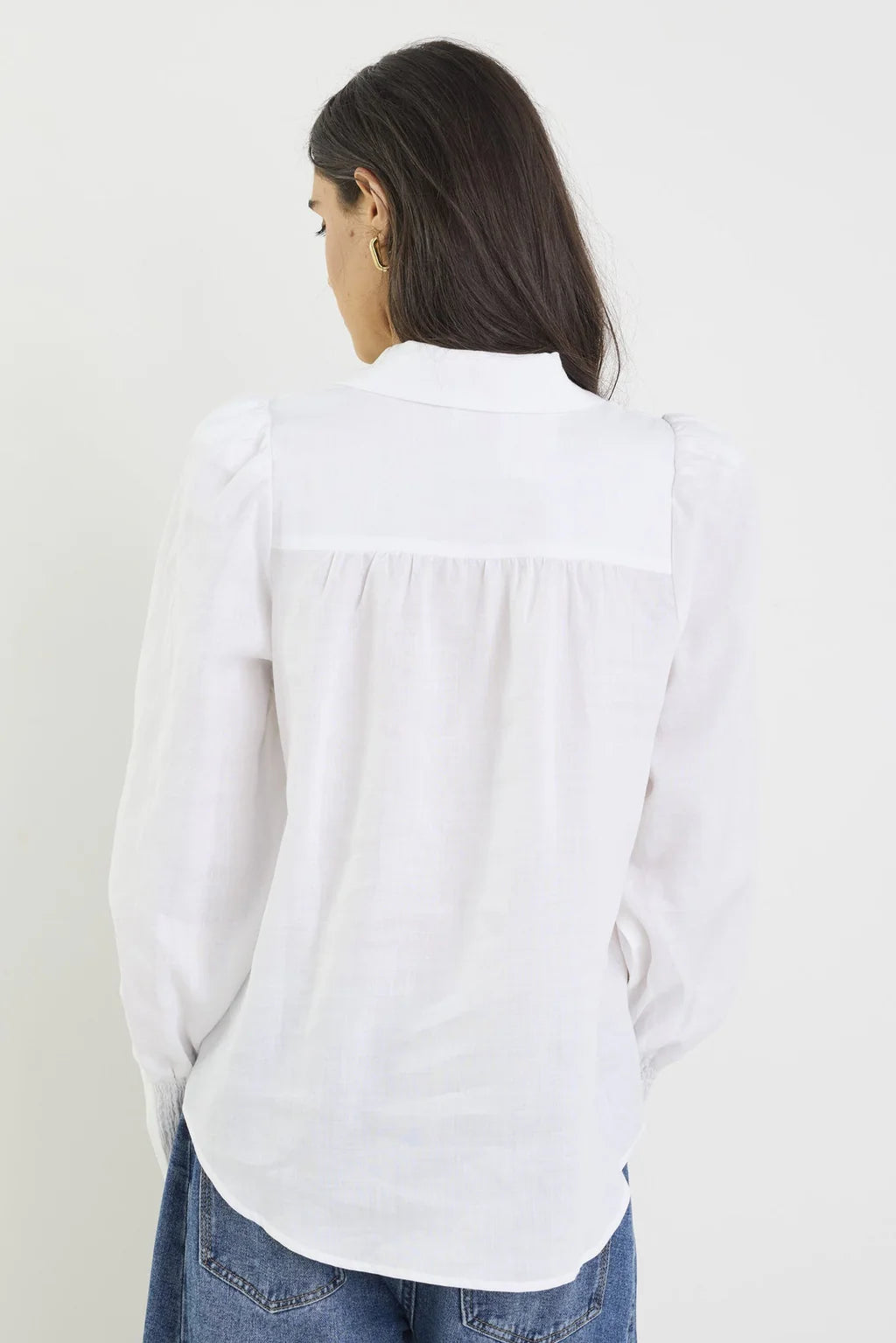 Zinnia White Ramie Lace Trim Long Sleeve Shirt