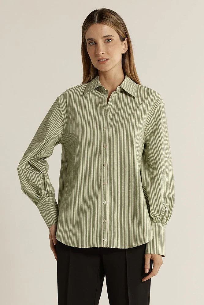 Balloon Sleeve Shirt Green Stripe