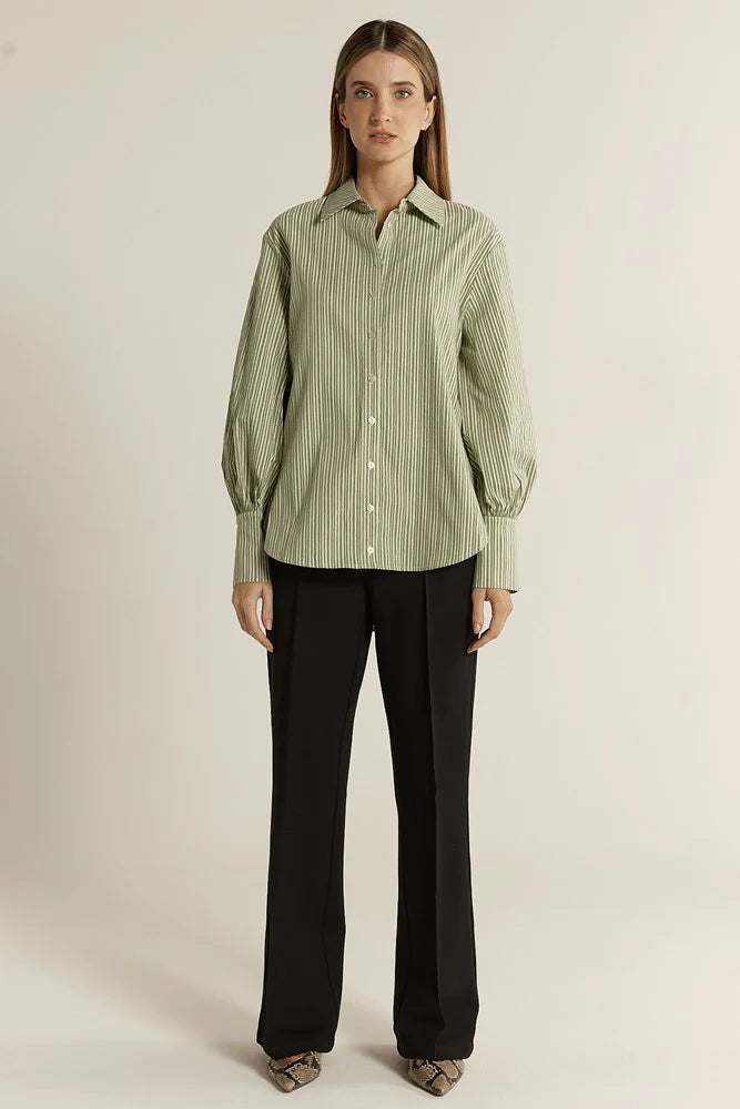 Balloon Sleeve Shirt Green Stripe