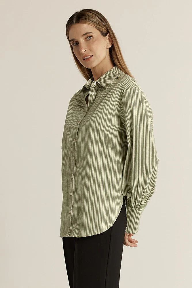 Balloon Sleeve Shirt Green Stripe
