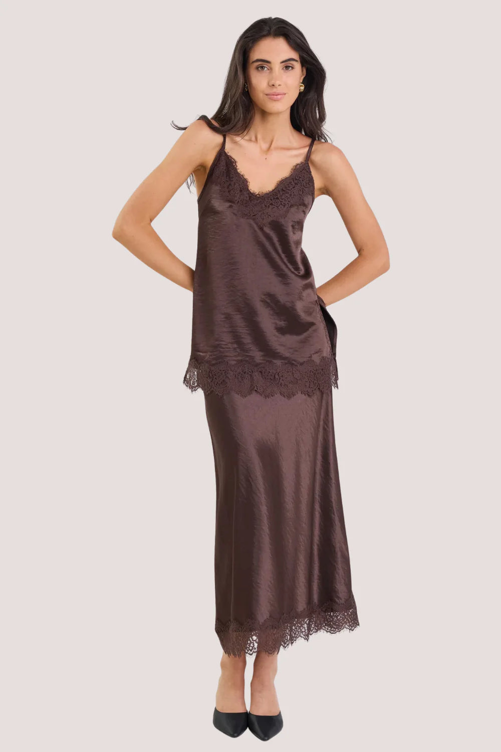 Margarita Chocolate Satin Lace Trim Bias Maxi Skirt