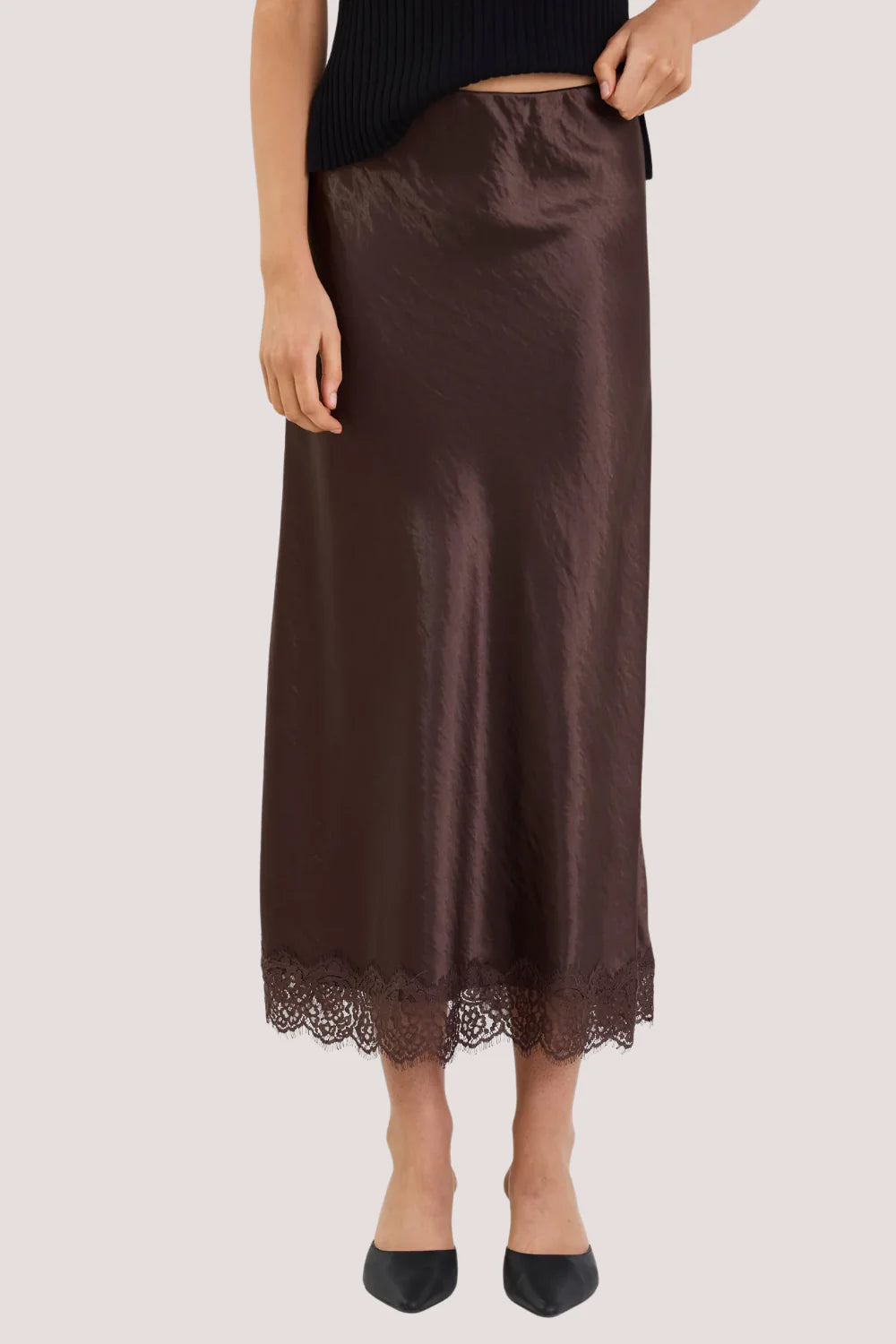 Margarita Chocolate Satin Lace Trim Bias Maxi Skirt