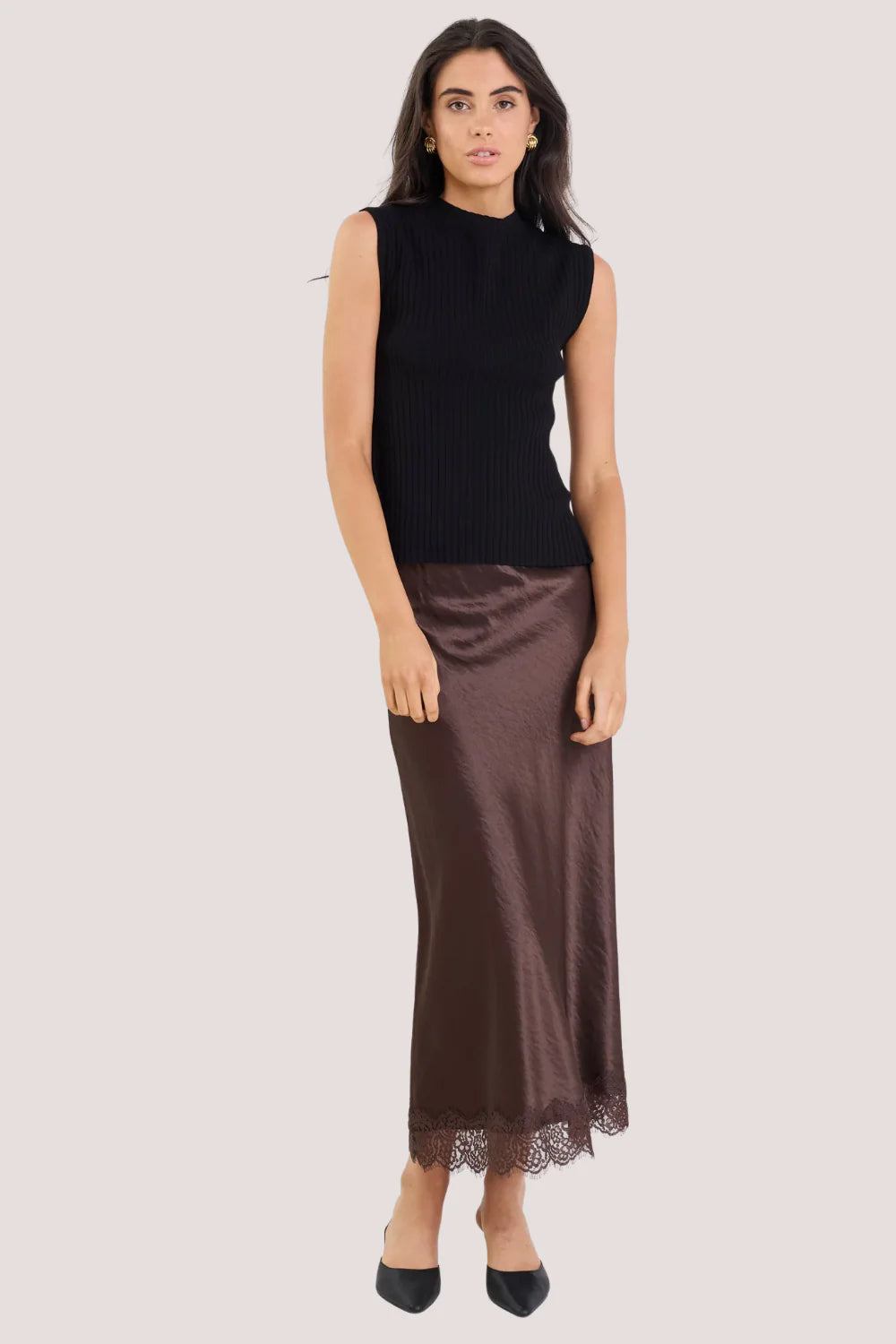 Margarita Chocolate Satin Lace Trim Bias Maxi Skirt