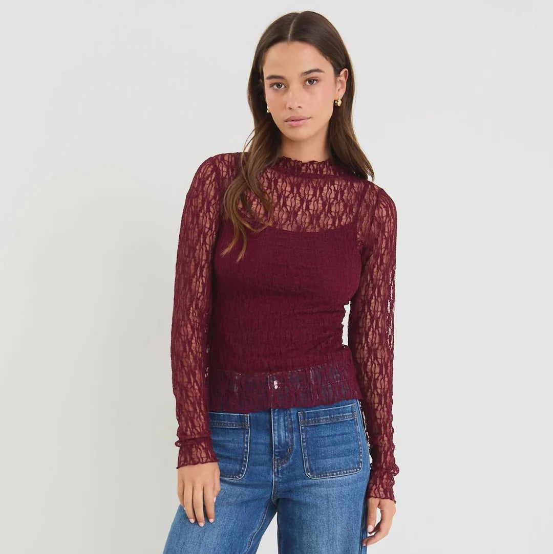 Giving Lace Long Sleeve Top Burgundy