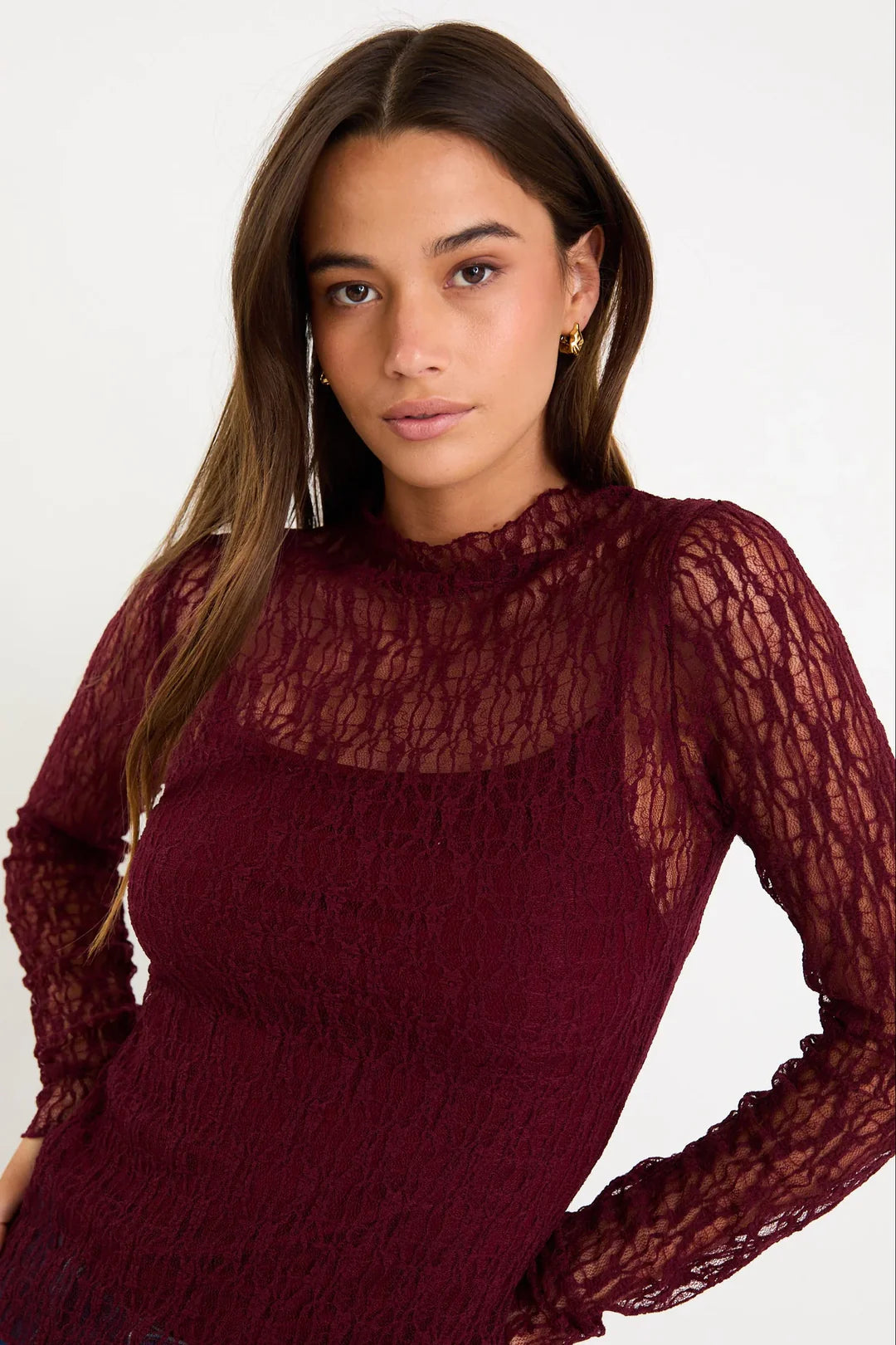 Giving Lace Long Sleeve Top Burgundy