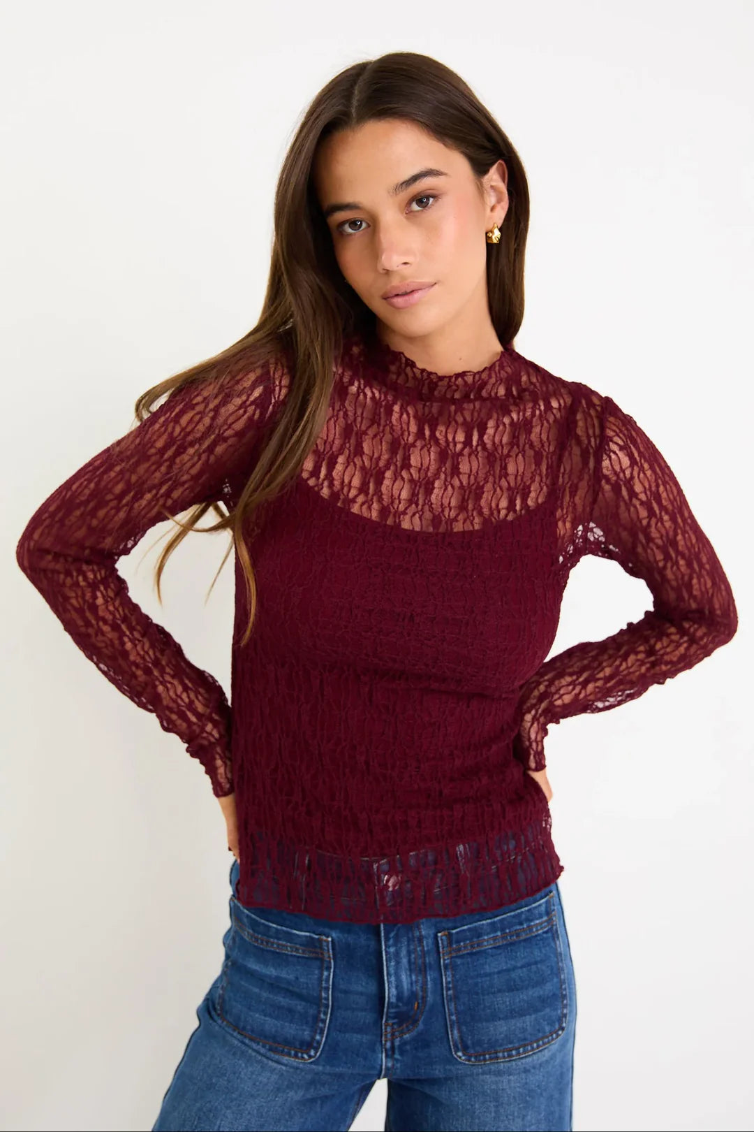 Giving Lace Long Sleeve Top Burgundy