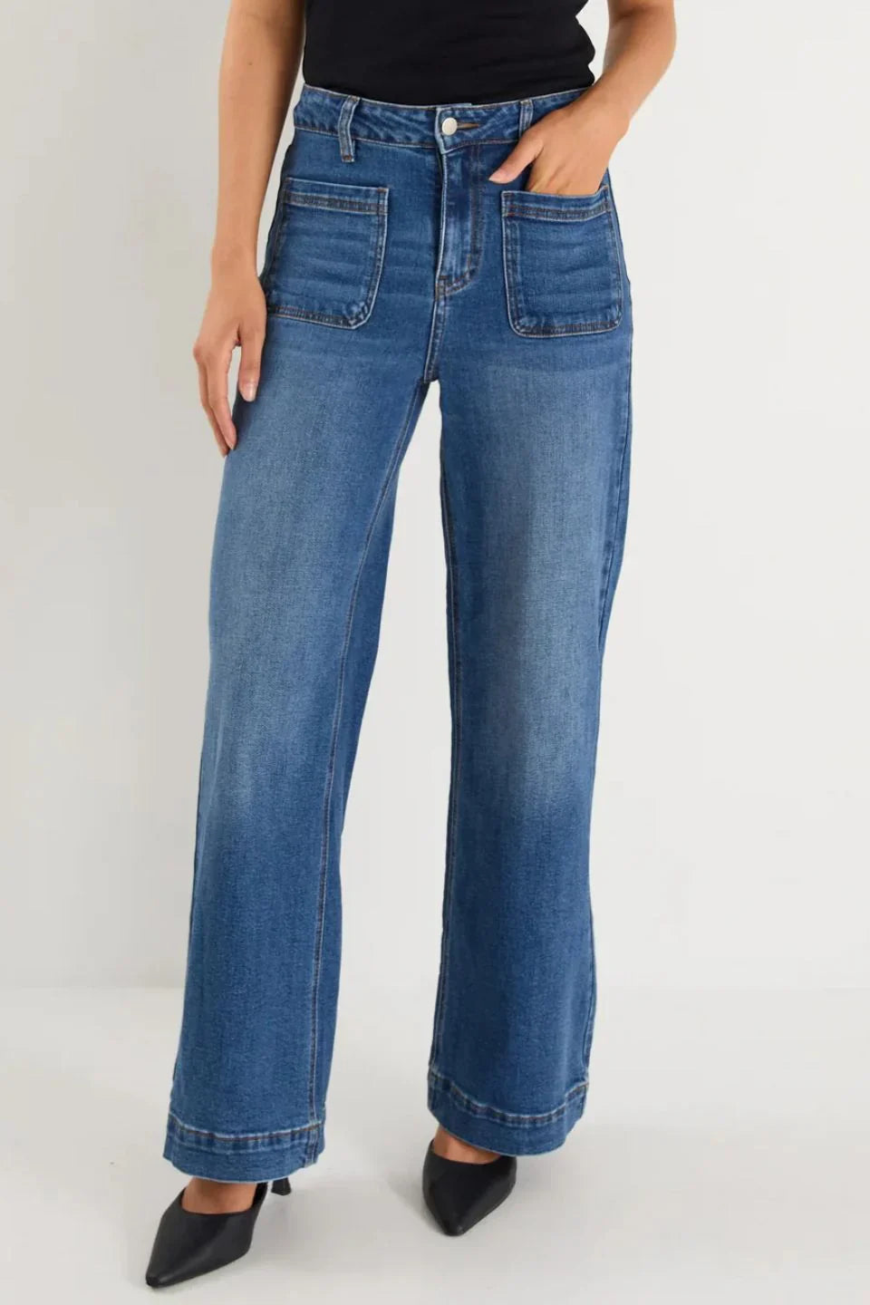 Zoey Marine Blue Petite High Rise
Wide Leg Pocket Jean