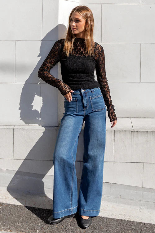 Zoey Marine Blue Petite High Rise
Wide Leg Pocket Jean