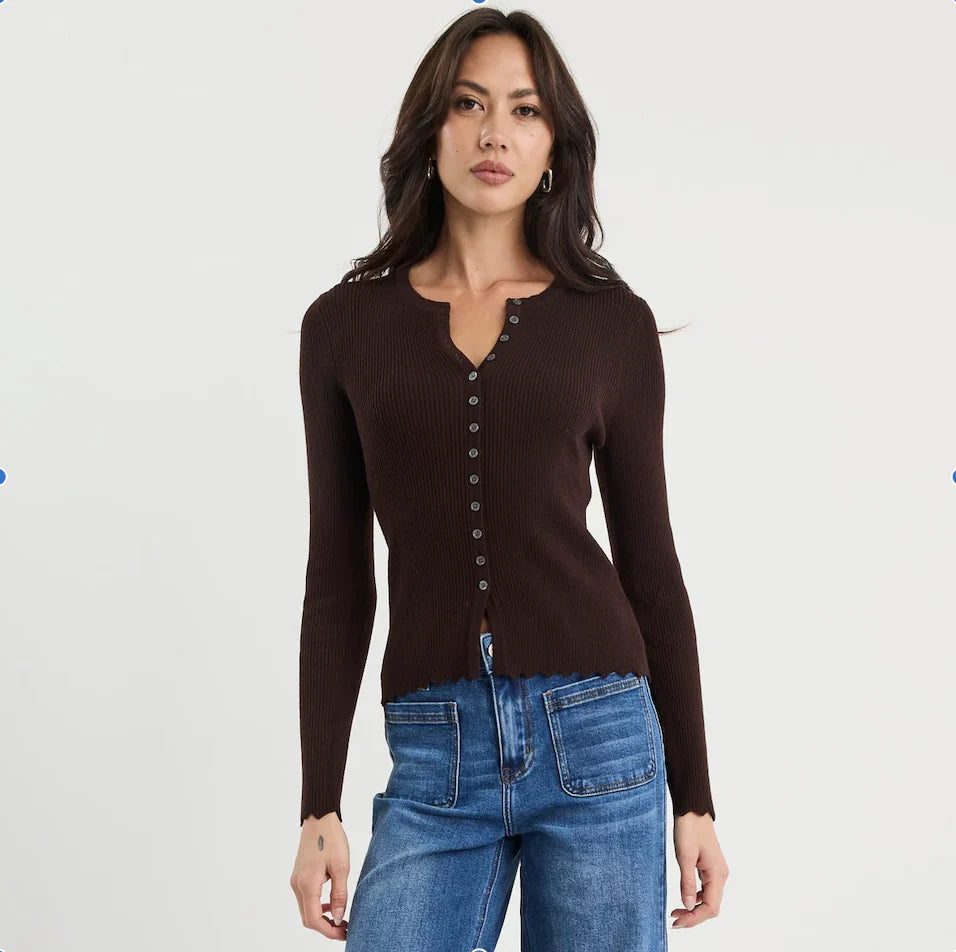 Ditto Chocolate Button Front Rib Knit
Long Sleeve