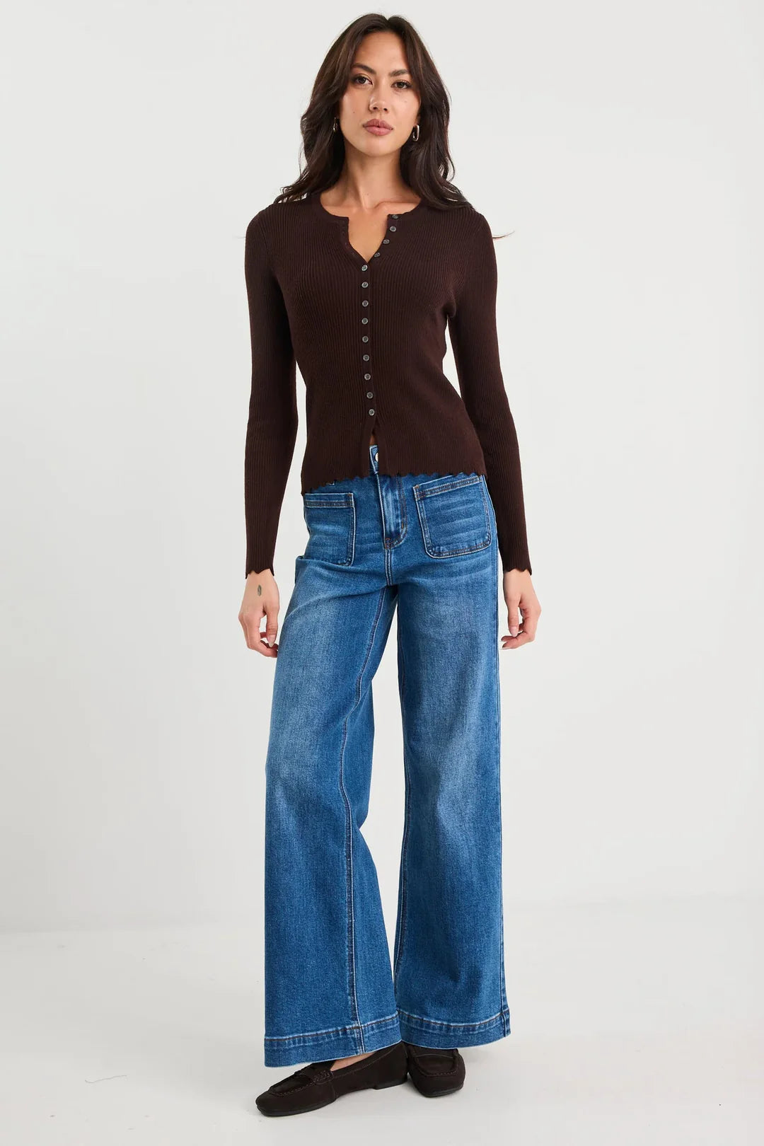 Ditto Chocolate Button Front Rib Knit
Long Sleeve
