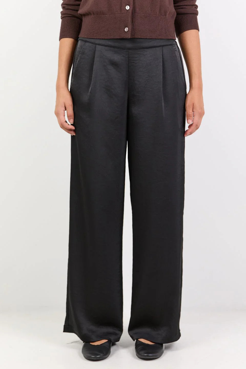 Grandeur Black Satin Elastic Back Wide Leg Pants