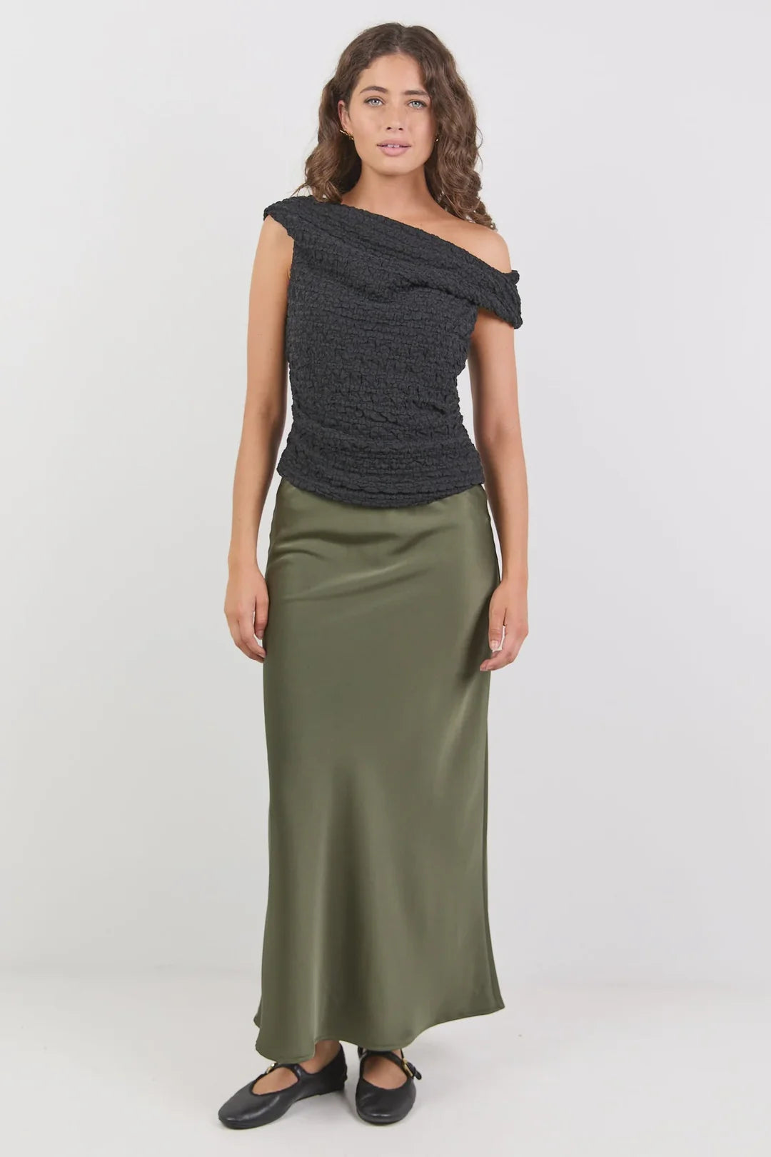 Rosette Khaki Satin Bias Midi Skirt